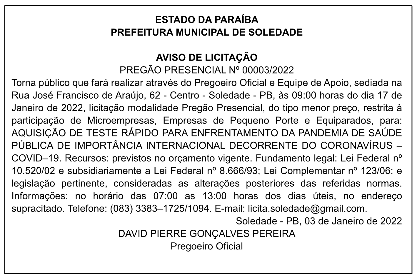 PREFEITURA MUNICIPAL DE SOLEDADE – AVISO DE LICITAÇÃO – PREGÃO PRESENCIAL Nº 00003/2022