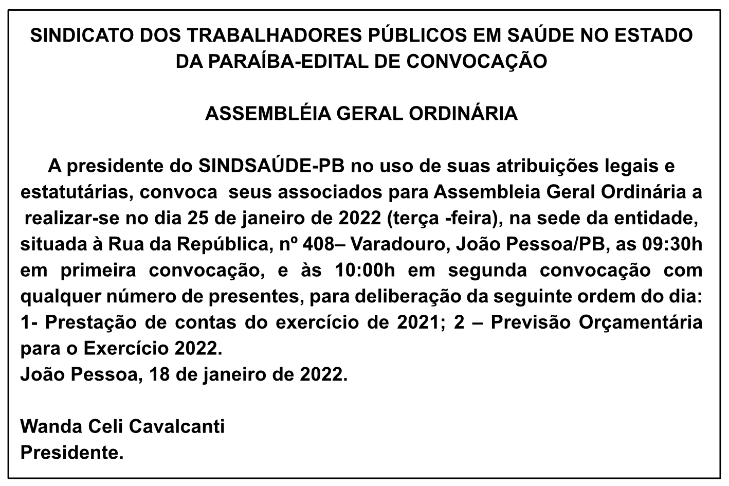 SINDSAÚDE/PB – EDITAL DE CONVOCAÇÃO – ASSEMBLÉIA GERAL ORDINÁRIA