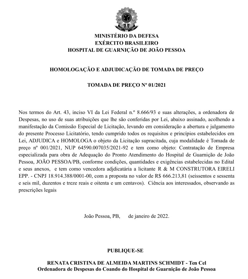 HOSPITAL DE GUARNIÇÃO DE JOÃO PESSOA – HOMOLOGAÇÃO E ADJUDICAÇÃO DE TOMADA DE PREÇO – TOMADA DE PREÇO Nº 01/2021