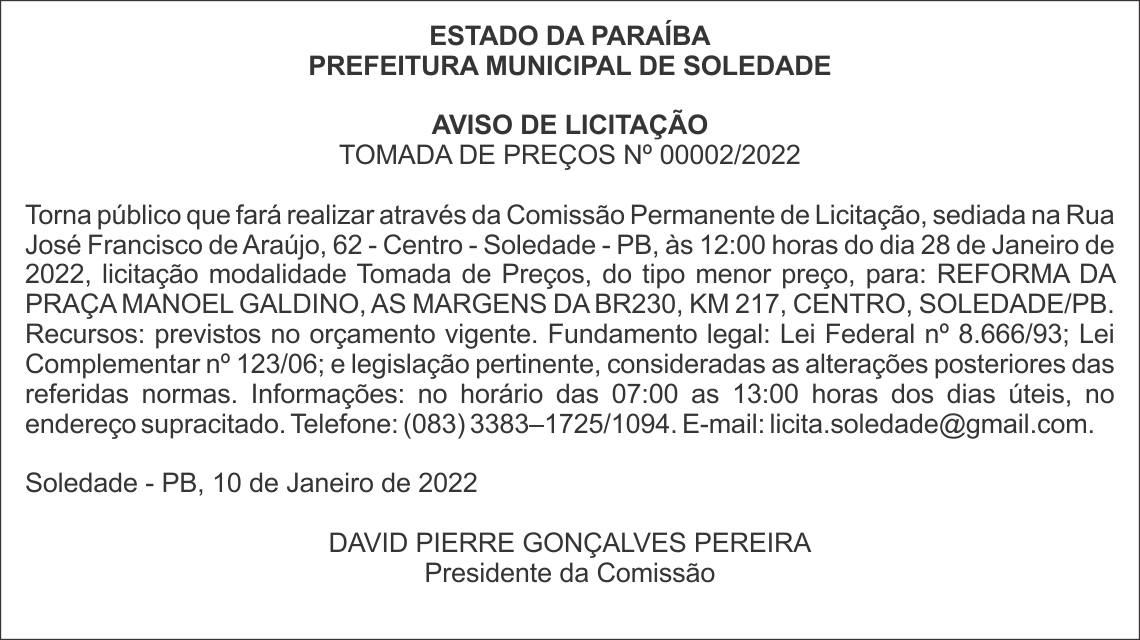 PREFEITURA MUNICIPAL DE SOLEDADE – AVISO DE LICITAÇÃO – TOMADA DE PREÇOS Nº 00002/2022