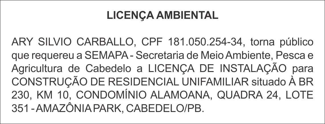 ARY SILVIO CARBALLO – LICENÇA AMBIENTAL
