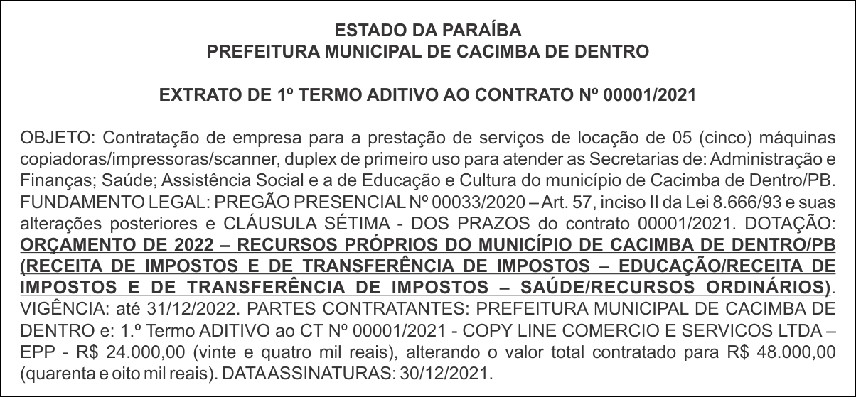 PREFEITURA MUNICIPAL DE CACIMBA DE DENTRO – EXTRATO DE 1º TERMO ADITIVO AO CONTRATO Nº 00001/2021