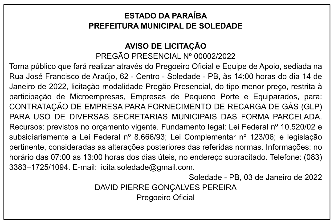 PREFEITURA MUNICIPAL DE SOLEDADE – AVISO DE LICITAÇÃO – PREGÃO PRESENCIAL Nº 00002/2022