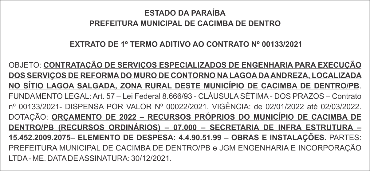 PREFEITURA MUNICIPAL DE CACIMBA DE DENTRO – EXTRATO DE 1º TERMO ADITIVO AO CONTRATO Nº 00133/2021