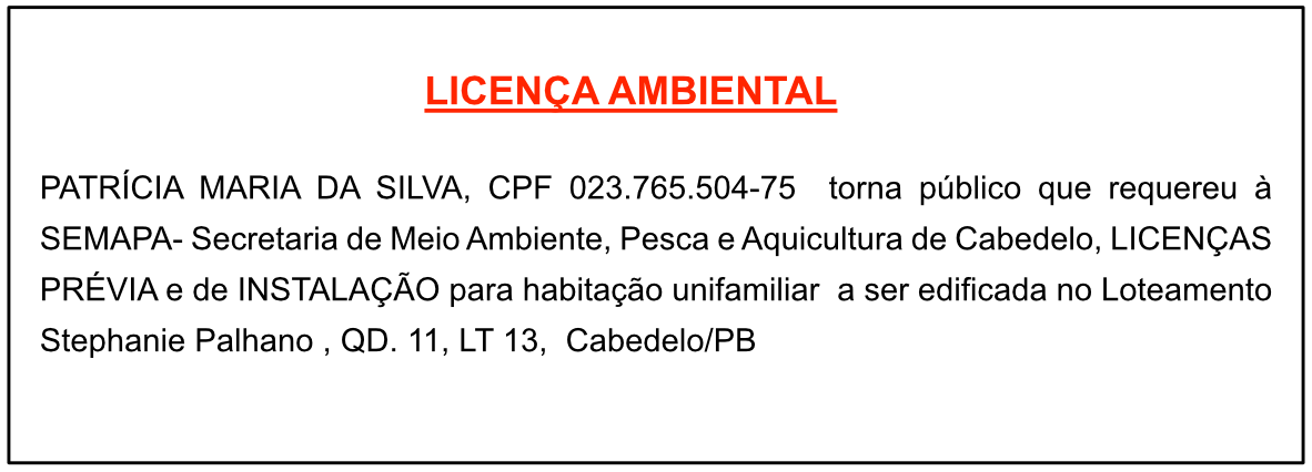 PATRÍCIA MARIA DA SILVA – LICENÇA AMBIENTAL