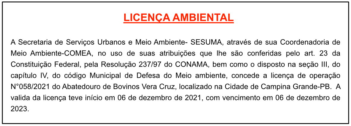 Abatedouro de Bovinos Vera Cruz – Licença Ambiental