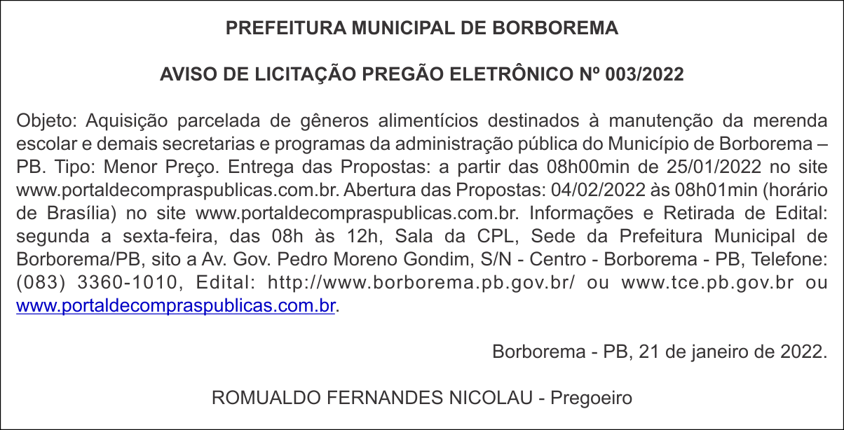 PREFEITURA MUNICIPAL DE BORBOREMA – AVISO DE LICITAÇÃO – PREGÃO ELETRÔNICO Nº 003/2022