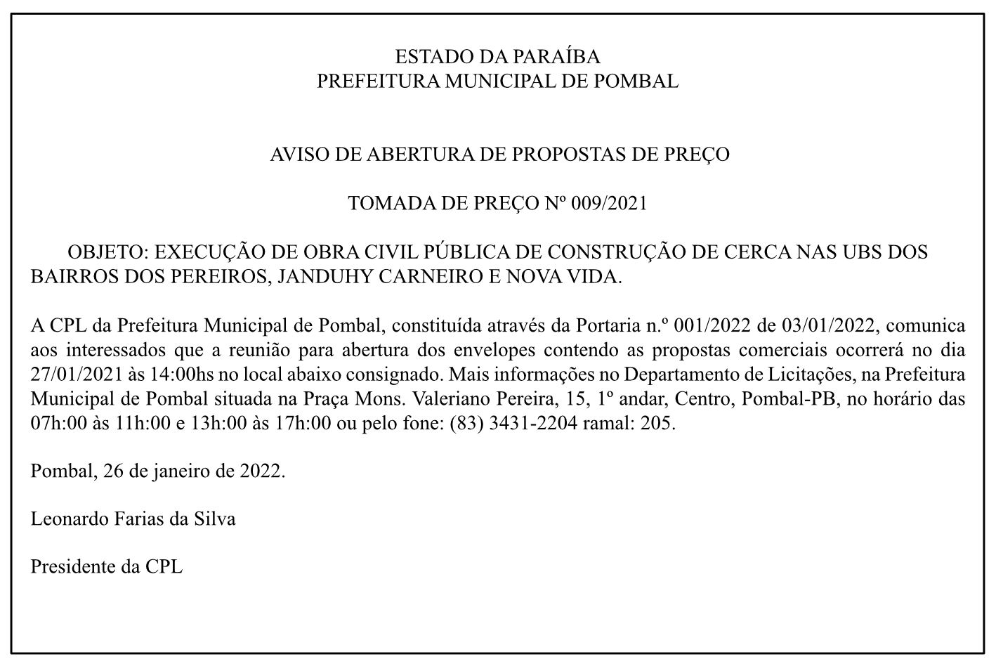 PREFEITURA MUNICIPAL DE POMBAL – AVISO DE ABERTURA DE PROPOSTAS DE PREÇO – TOMADA DE PREÇO Nº 009/2021
