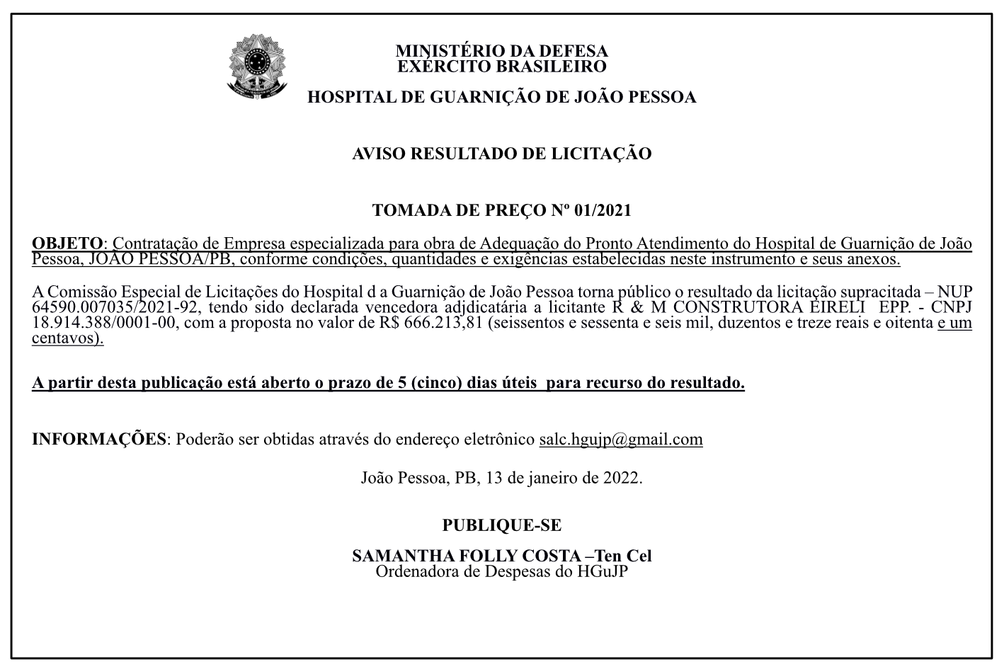 HOSPITAL DE GUARNIÇÃO DE JOÃO PESSOA – AVISO RESULTADO DE LICITAÇÃO  – TOMADA DE PREÇO Nº 01/2021