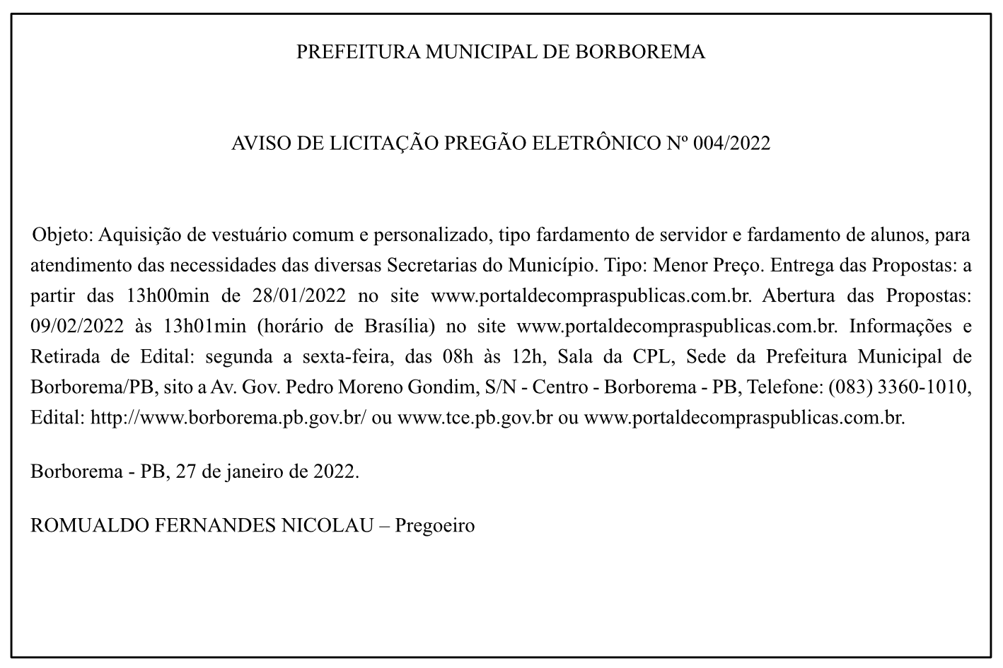 PREFEITURA MUNICIPAL DE BORBOREMA – AVISO DE LICITAÇÃO – PREGÃO ELETRÔNICO Nº 004/2022