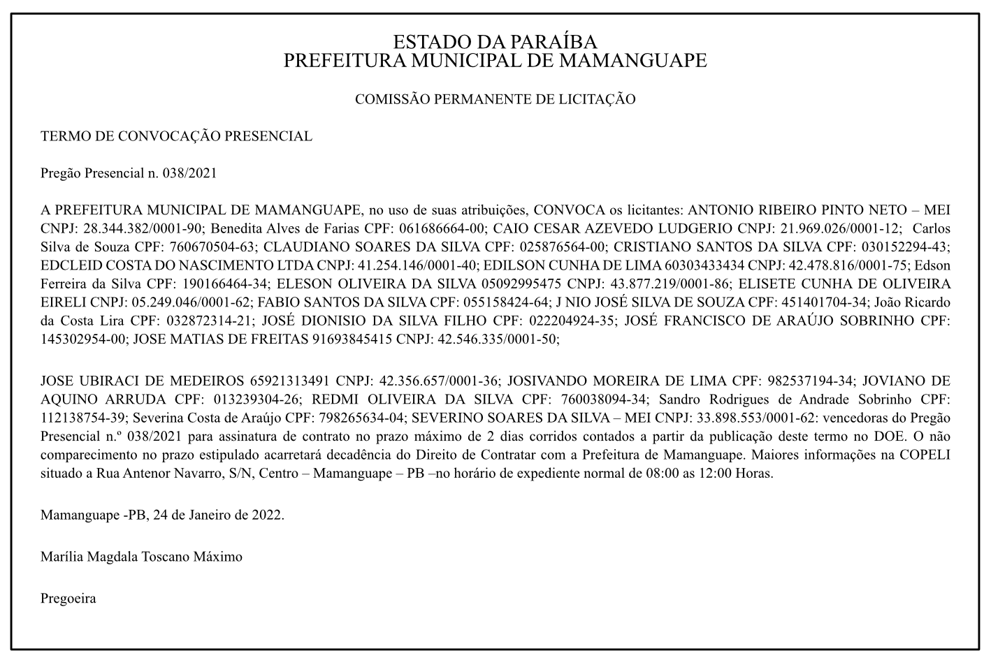 PREFEITURA MUNICIPAL DE MAMANGUAPE- TERMO DE CONVOCAÇÃO PRESENCIAL – Pregão Presencial n. 038/2021