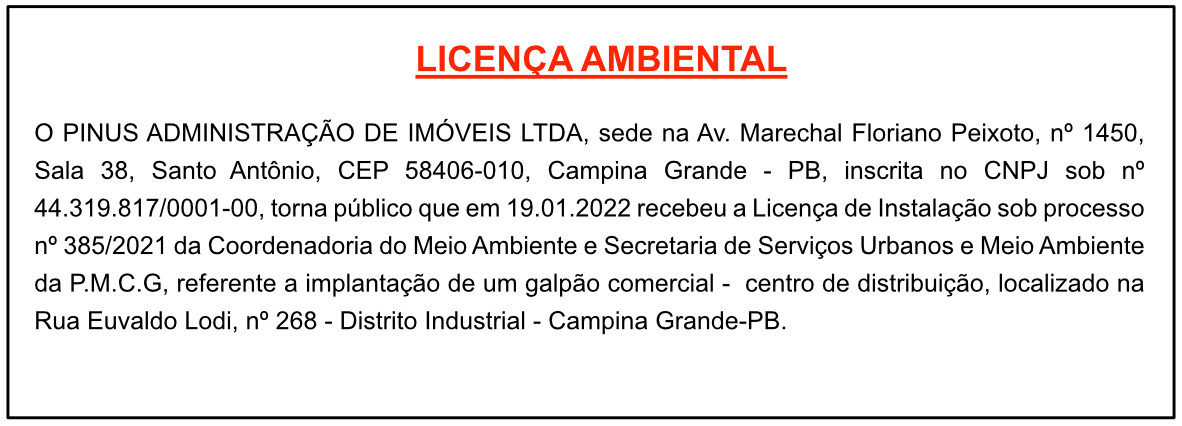 PINUS ADMINISTRAÇÃO DE IMÓVEIS LTDA – LICENÇA AMBIENTAL