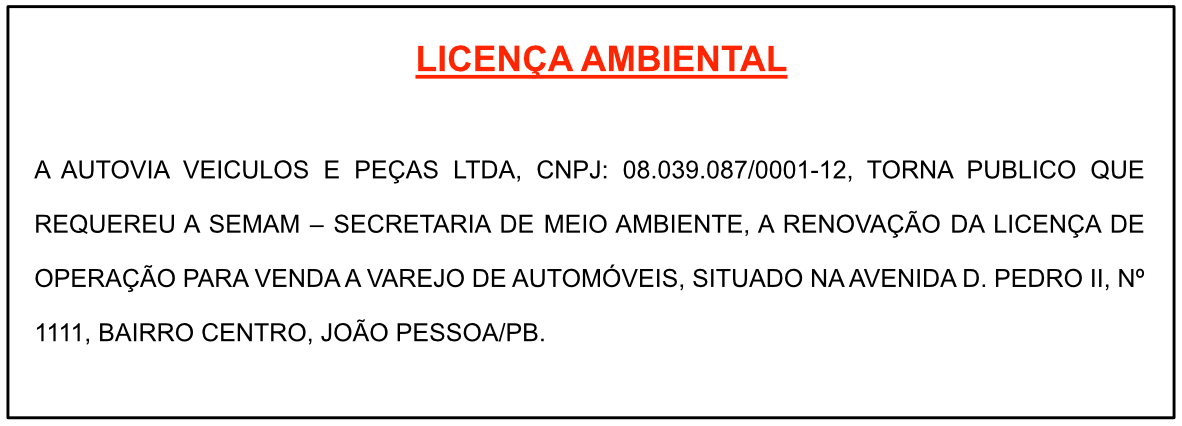 AUTOVIA VEÍCULOS E PEÇAS LTDA – LICENÇA AMBIENTAL