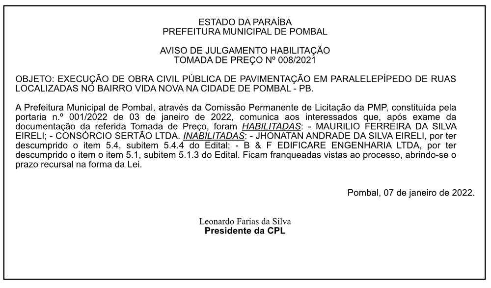 PREFEITURA MUNICIPAL DE POMBAL – AVISO DE JULGAMENTO HABILITAÇÃO  -TOMADA DE PREÇO Nº 008/2021
