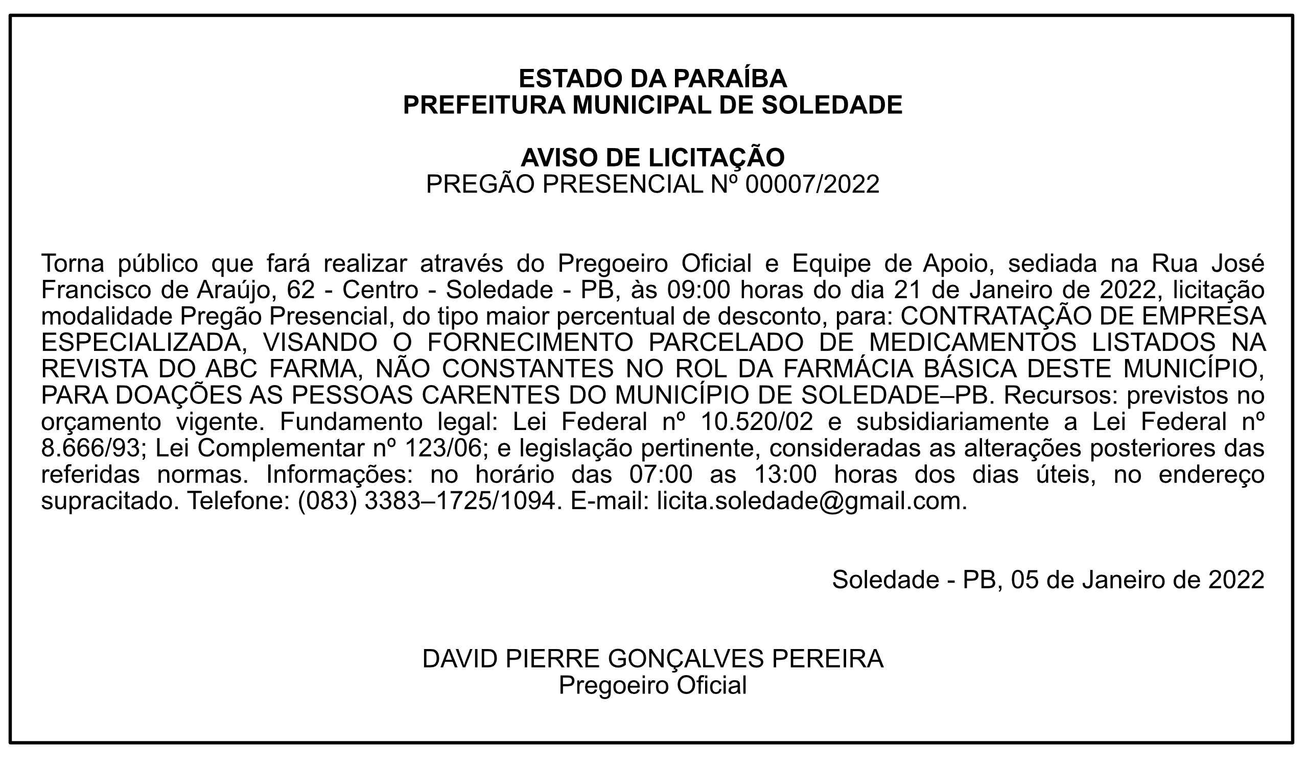 PREFEITURA MUNICIPAL DE SOLEDADE – AVISO DE LICITAÇÃO – PREGÃO PRESENCIAL Nº 00009/2022