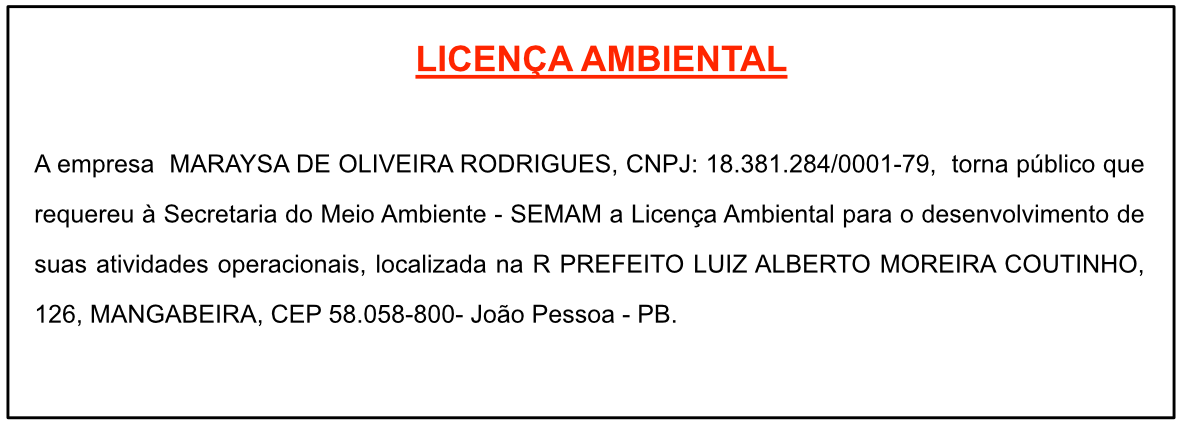 MARAYSA DE OLIVEIRA RODRIGUES – LICENÇA AMBIENTAL