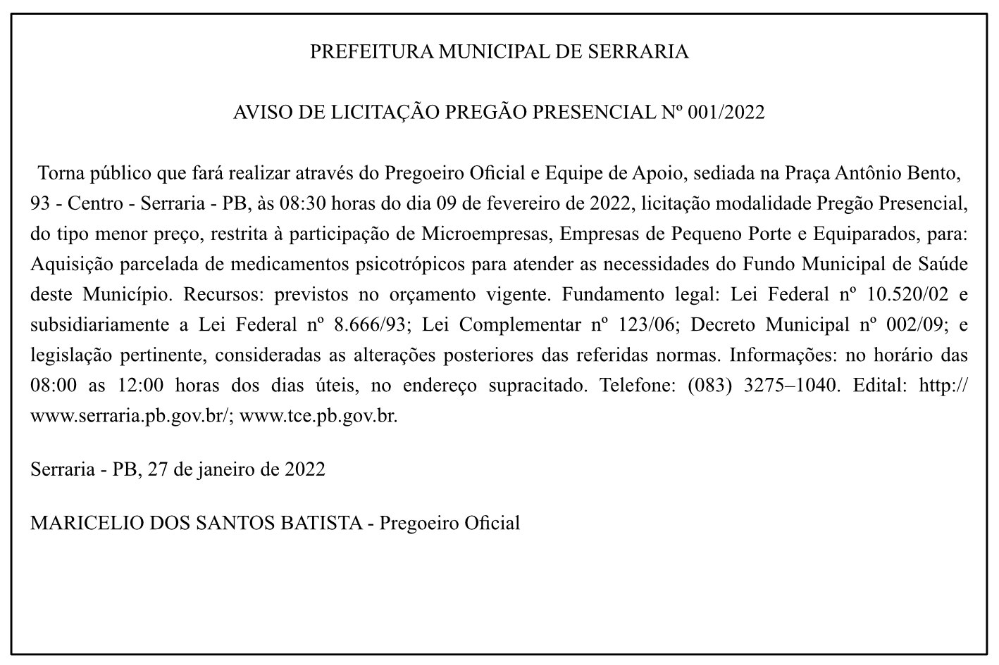 PREFEITURA MUNICIPAL DE SERRARIA – AVISO DE LICITAÇÃO – PREGÃO PRESENCIAL Nº 001/2022