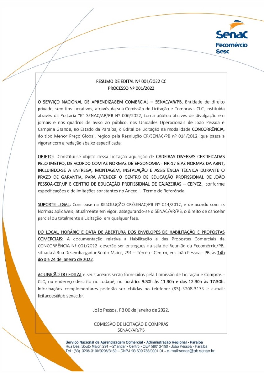 SENAC – RESUMO DE EDITAL Nº 001/2022 CC – PROCESSO Nº 001/2022