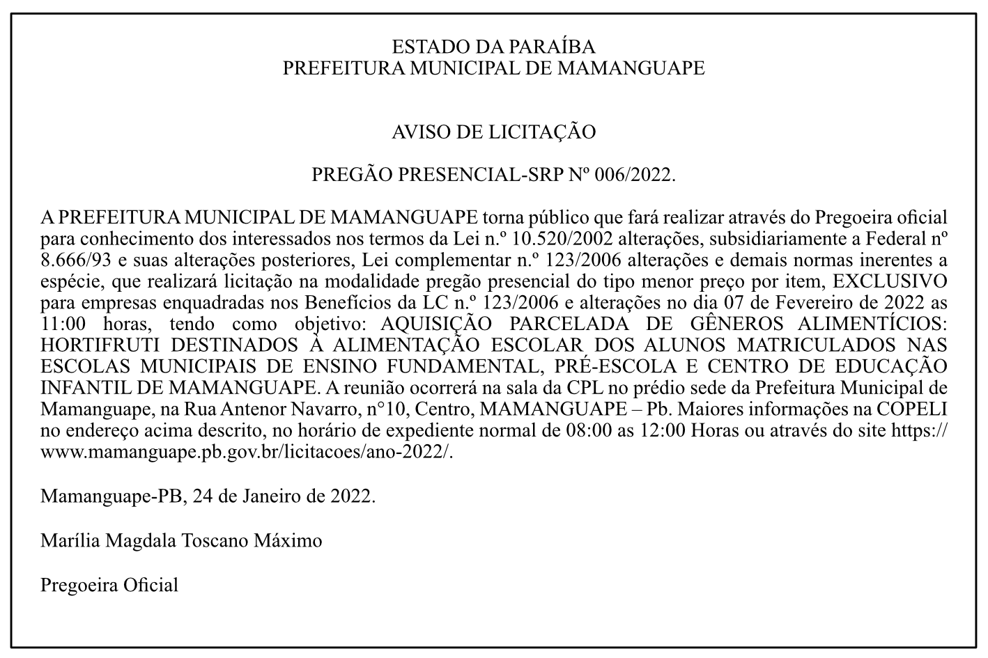 PREFEITURA MUNICIPAL DE MAMANGUAPE – AVISO DE LICITAÇÃO  – PREGÃO PRESENCIAL-SRP Nº 006/2022.