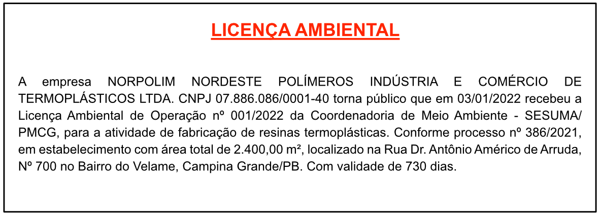 NORPOLIM NORDESTE POLÍMEROS INDÚSTRIA E COMÉRCIO DE TERMOPLÁSTICOS LTDA – LICENÇA AMBIENTAL
