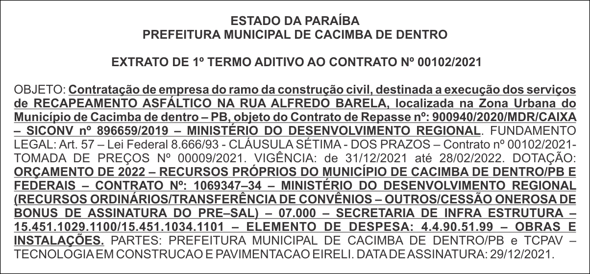 PREFEITURA MUNICIPAL DE CACIMBA DE DENTRO – EXTRATO DE 1º TERMO ADITIVO AO CONTRATO Nº 00102/2021