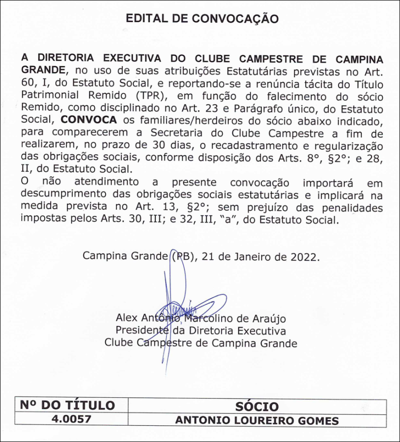 CLUBE CAMPESTRE DE CAMPINA GRANDE – EDITAL DE CONVOCAÇÃO