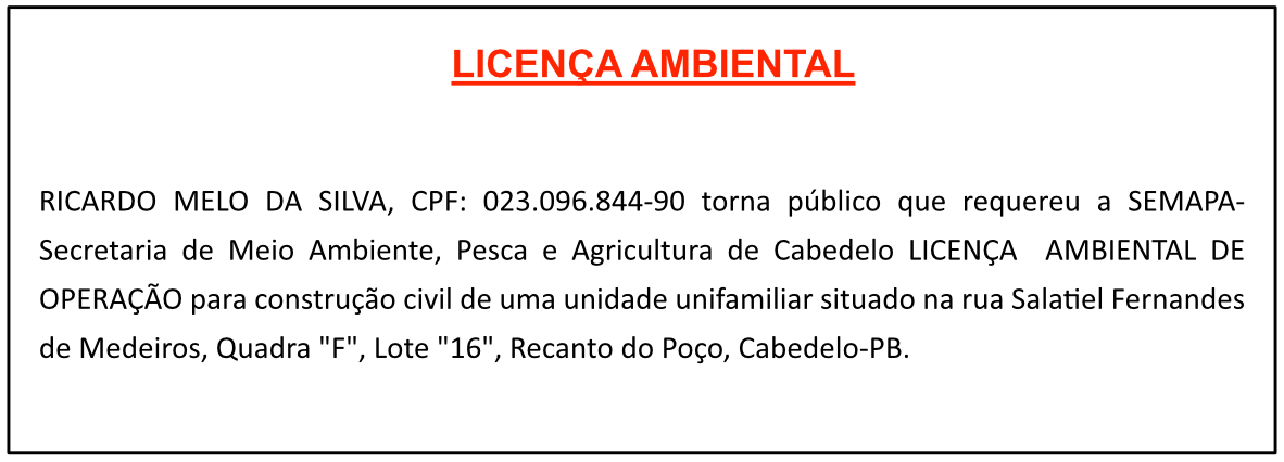 RICARDO MELO DA SILVA – LICENÇA AMBIENTAL