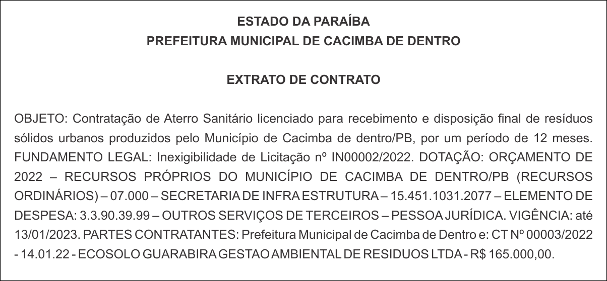 PREFEITURA MUNICIPAL DE CACIMBA DE DENTRO – EXTRATO DE CONTRATO