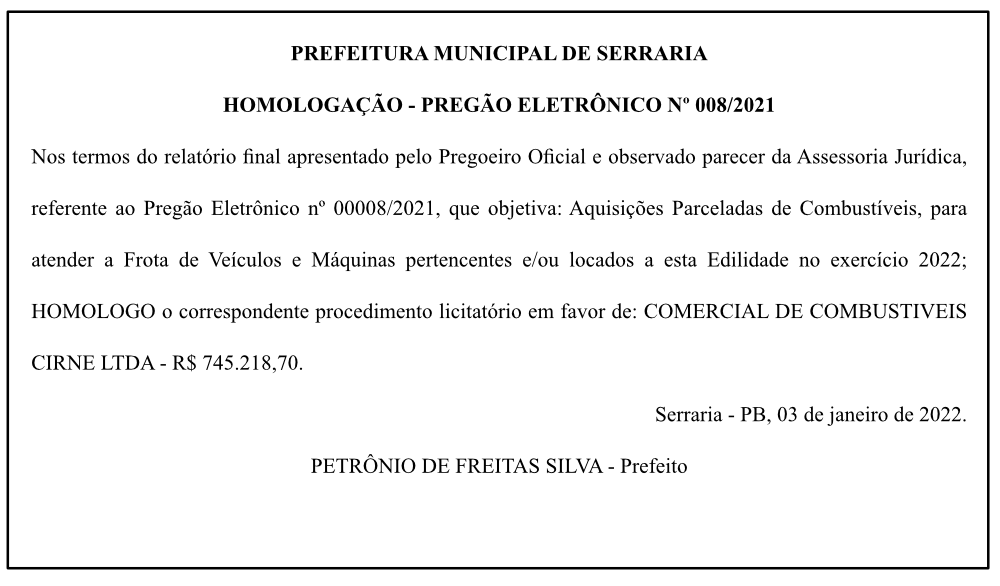 PREFEITURA MUNICIPAL DE SERRARIA – HOMOLOGAÇÃO – PREGÃO ELETRÔNICO No 008/2021