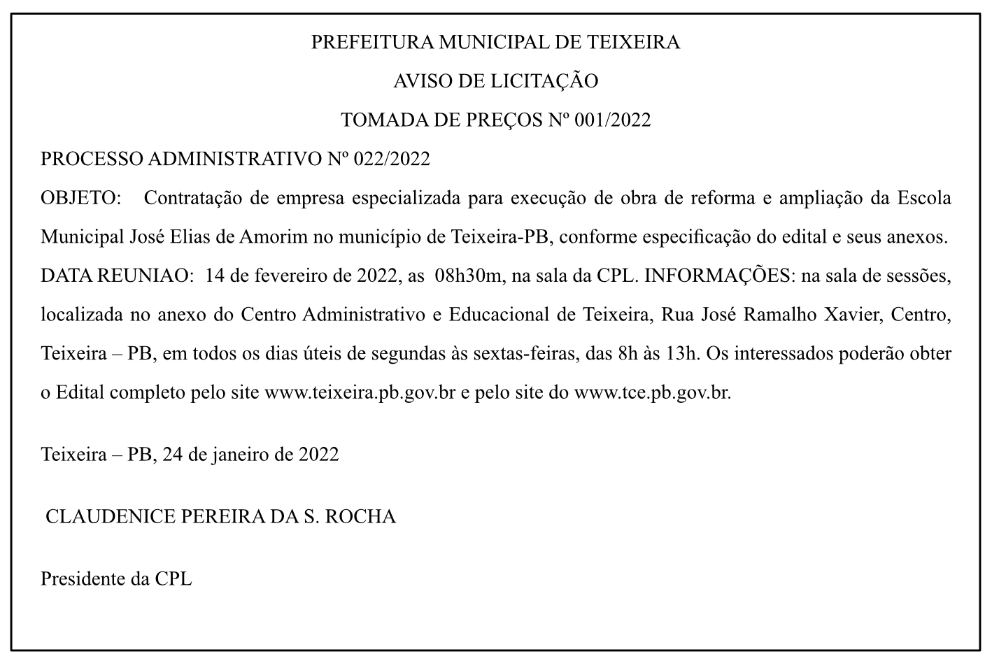 PREFEITURA MUNICIPAL DE TEIXEIRA – AVISO DE LICITAÇÃO – TOMADA DE PREÇOS Nº 001/2022