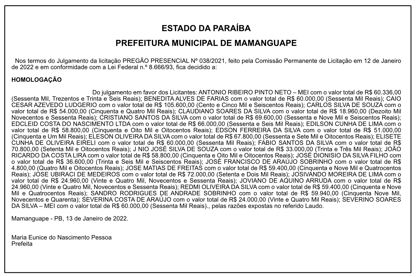 PREFEITURA MUNICIPAL DE MAMANGUAPE – HOMOLOGAÇÃO