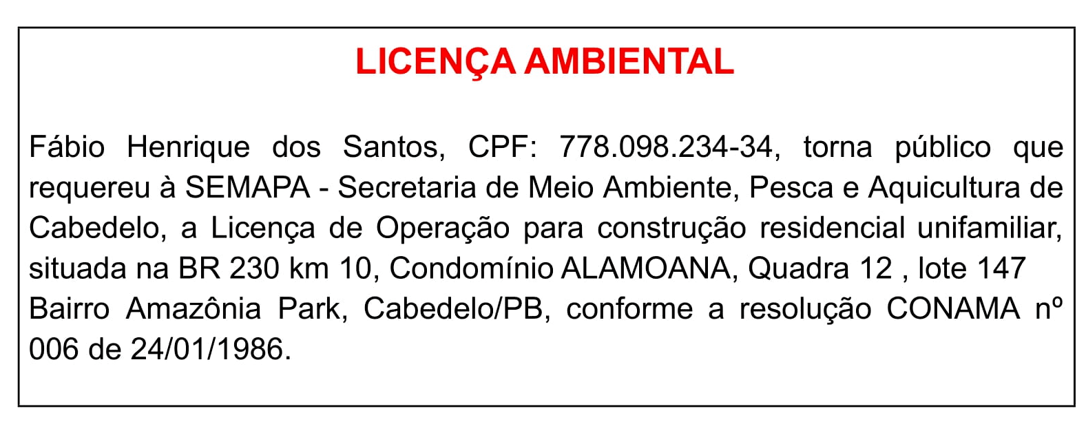 Fábio Henrique dos Santos – Licença Ambiental