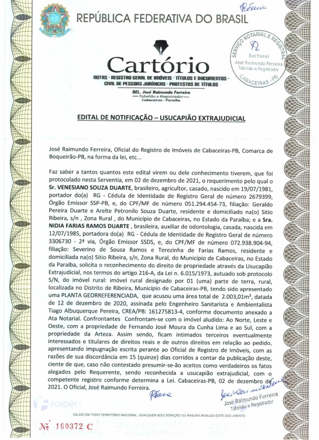 EDITAL DE NOTIFICAÇÃO – USUCAPIÃO EXTRAJUDICIAL