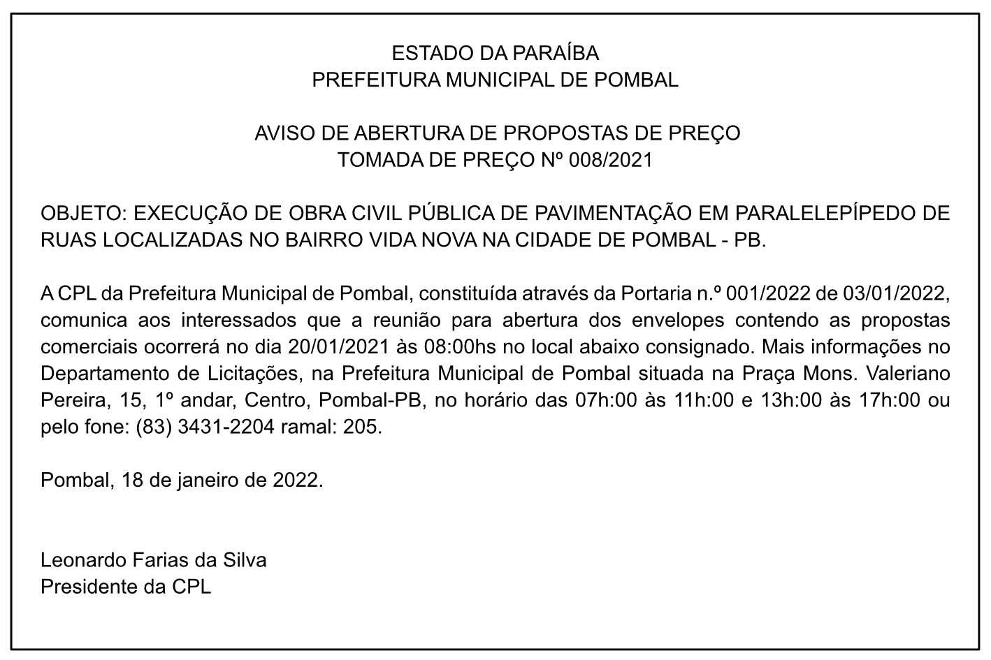 PREFEITURA MUNICIPAL DE POMBAL – AVISO DE ABERTURA DE PROPOSTAS DE PREÇO – TOMADA DE PREÇO Nº 008/2021