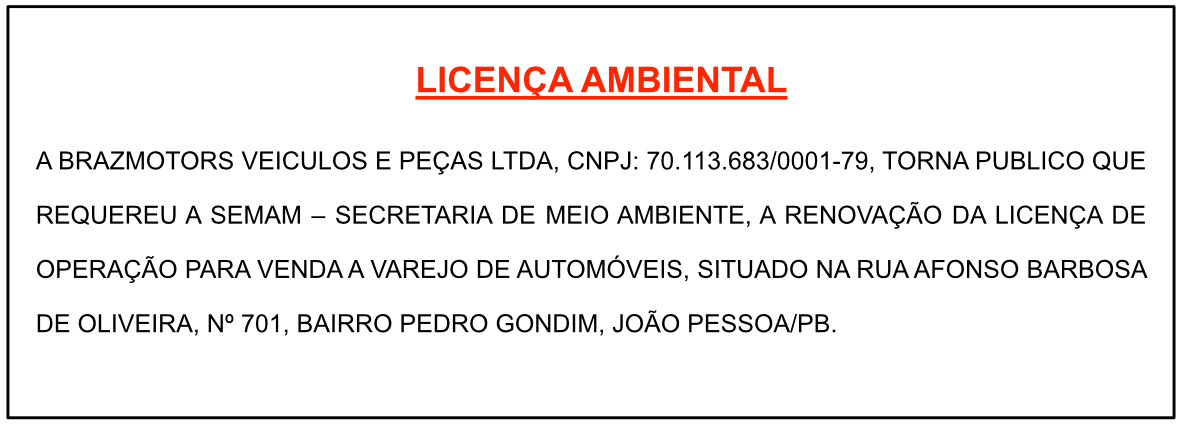 BRAZMOTORS VEÍCULOS E PEÇAS LTDA – LICENÇA AMBIENTAL