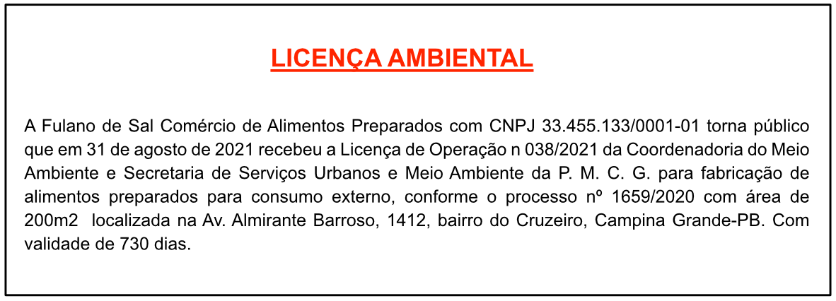 Fulano de Sal Comércio de Alimentos Preparados – Licença Ambiental