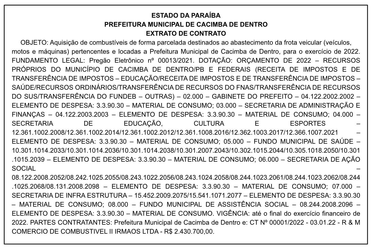 PREFEITURA MUNICIPAL DE CACIMBA DE DENTRO – EXTRATO DE CONTRATO