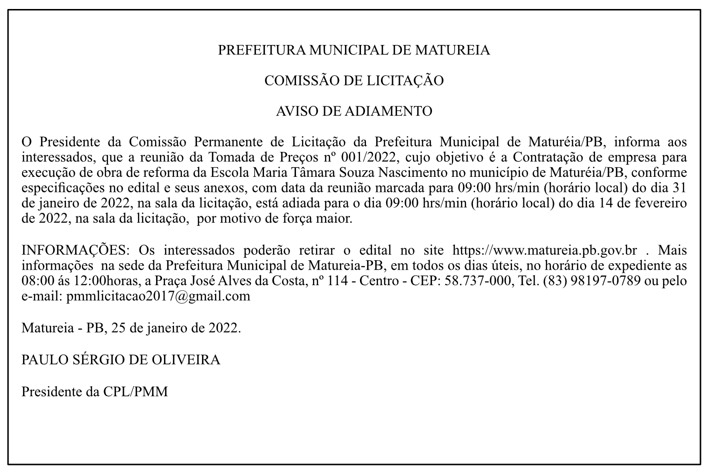 PREFEITURA MUNICIPAL DE MATUREIA – AVISO DE ADIAMENTO