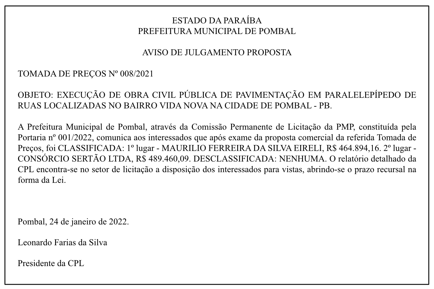 PREFEITURA MUNICIPAL DE POMBAL – AVISO DE JULGAMENTO PROPOSTA – TOMADA DE PREÇOS Nº 008/2021