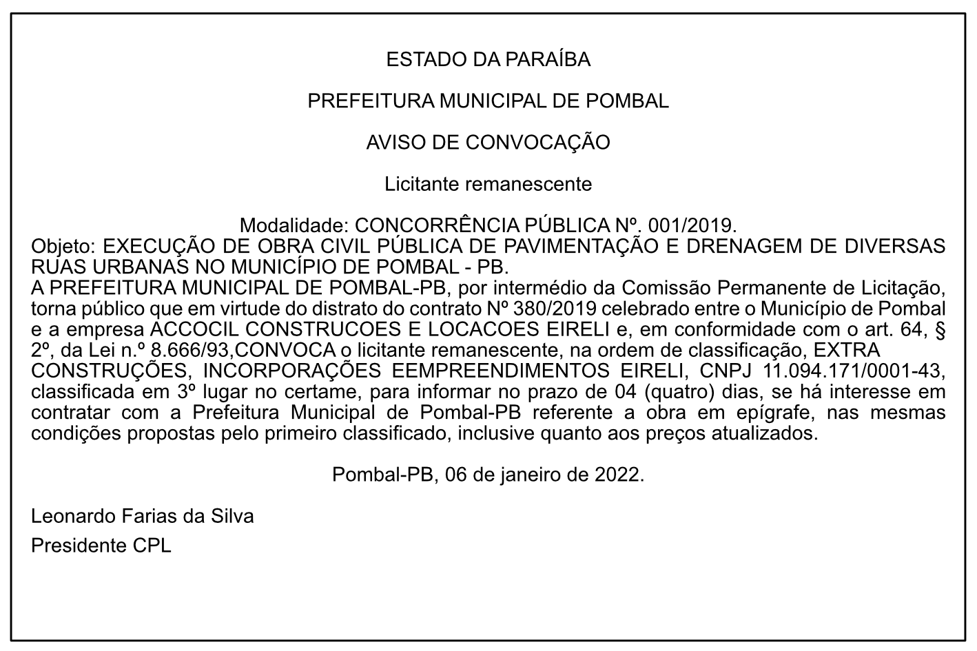 PREFEITURA MUNICIPAL DE POMBAL – AVISO DE CONVOCAÇÃO – CONCORRÊNCIA PÚBLICA Nº. 001/2019.