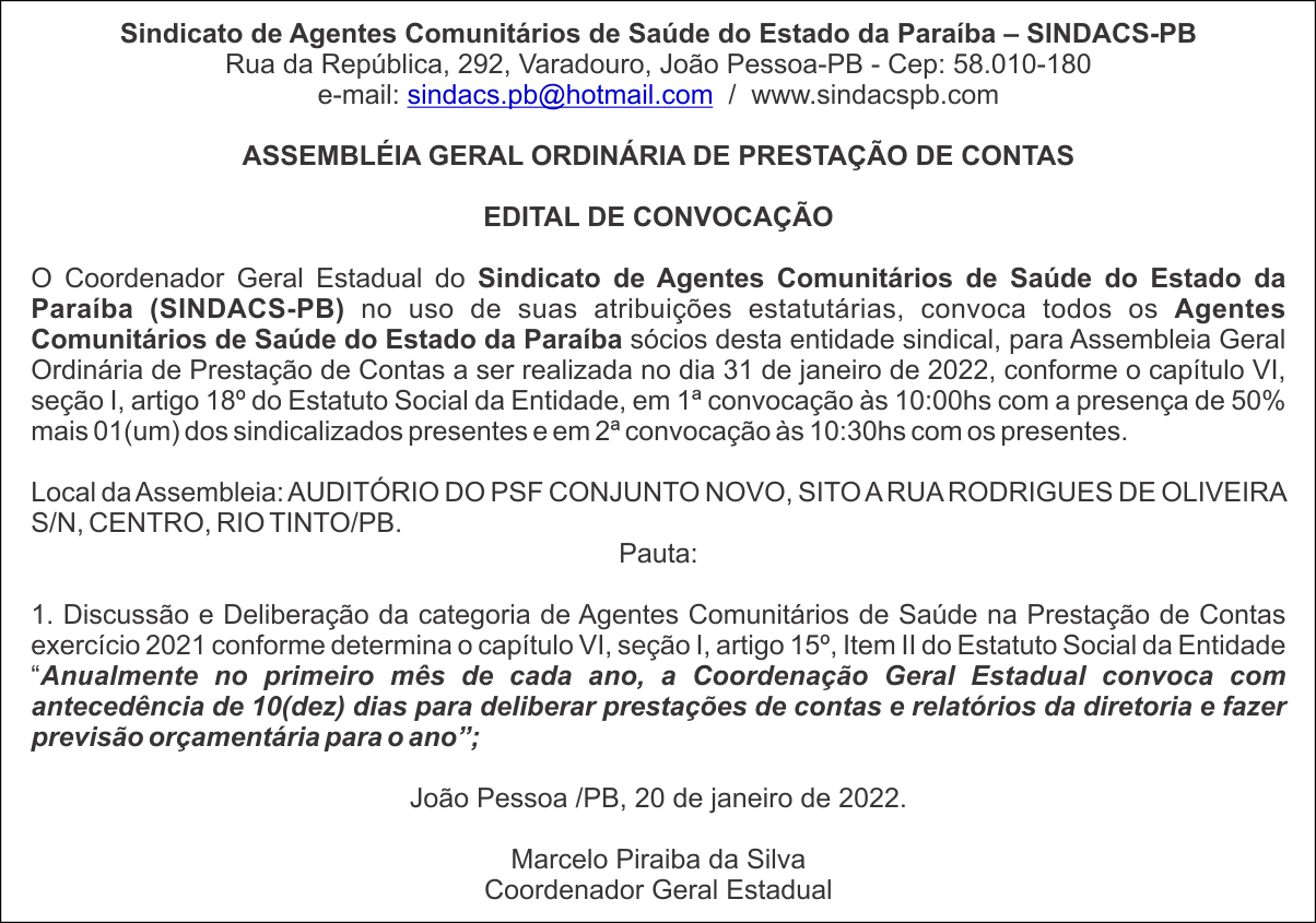 SINDACS-PB – ASSEMBLÉIA GERAL ORDINÁRIA DE PRESTAÇÃO DE CONTAS – EDITAL DE CONVOCAÇÃO