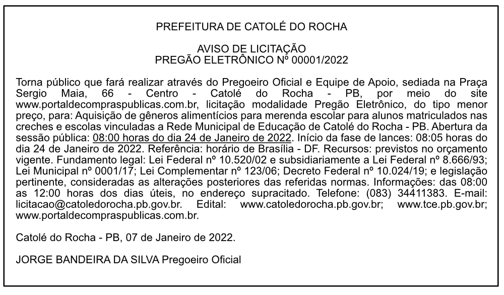PREFEITURA MUNICIPAL DE CATOLÉ DO ROCHA – AVISO DE LICITAÇÃO – PREGÃO ELETRÔNICO Nº 00001/2022