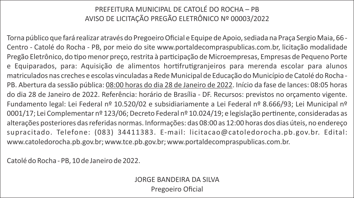 PREFEITURA MUNICIPAL DE CATOLÉ DO ROCHA  – AVISO DE LICITAÇÃO – PREGÃO ELETRÔNICO Nº 00003/2022