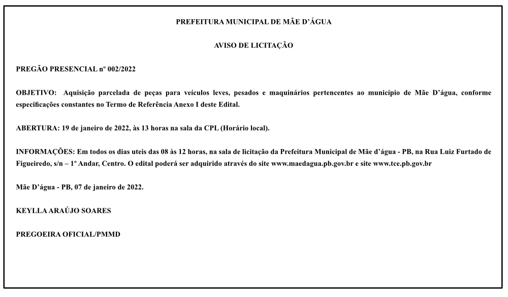 PREFEITURA MUNICIPAL DE MÃE D’ÁGUA – AVISO DE LICITAÇÃO – PREGÃO PRESENCIAL nº 002/2022