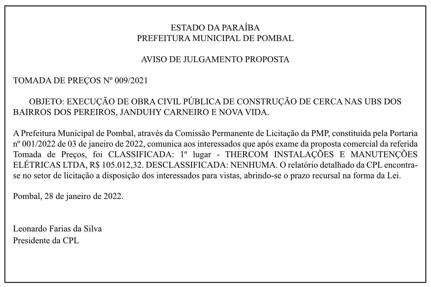PREFEITURA MUNICIPAL DE POMBAL – AVISO DE JULGAMENTO PROPOSTA – TOMADA DE PREÇOS Nº 009/2021
