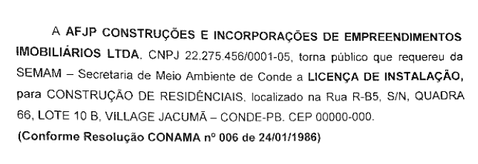 AFJP CONSTRUÇÕES E INCORPORAÇÕES DE EMPREENDIMENTOS IMOBILIÁRIOS LTDA – LICENÇA AMBIENTAL