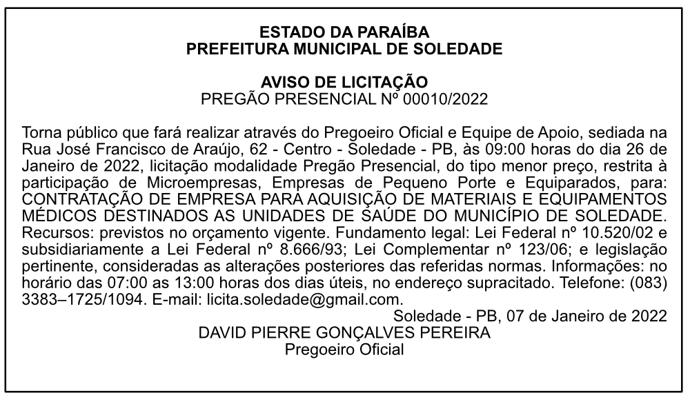PREFEITURA MUNICIPAL DE SOLEDADE – AVISO DE LICITAÇÃO – PREGÃO PRESENCIAL Nº 00010/2022