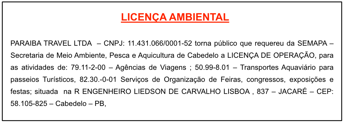 PARAÍBA TRAVEL LTDA – LICENÇA AMBIENTAL