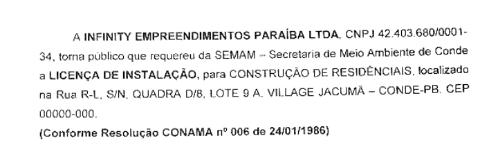 INFINITY EMPREENDIMENTO PARAÍBA LTDA – LICENÇA AMBIENTAL