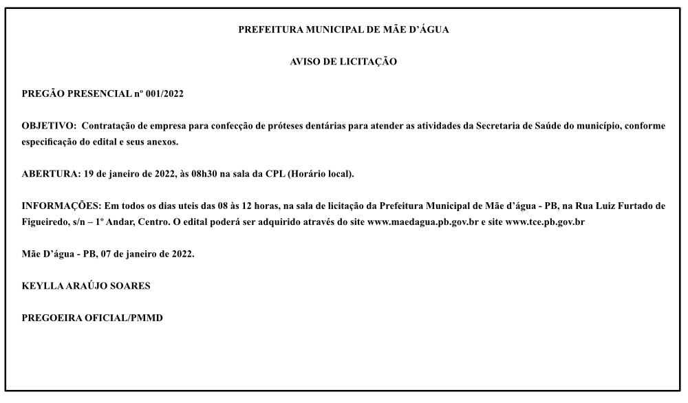 PREFEITURA MUNICIPAL DE MÃE D’ÁGUA – AVISO DE LICITAÇÃO – PREGÃO PRESENCIAL nº 001/2022